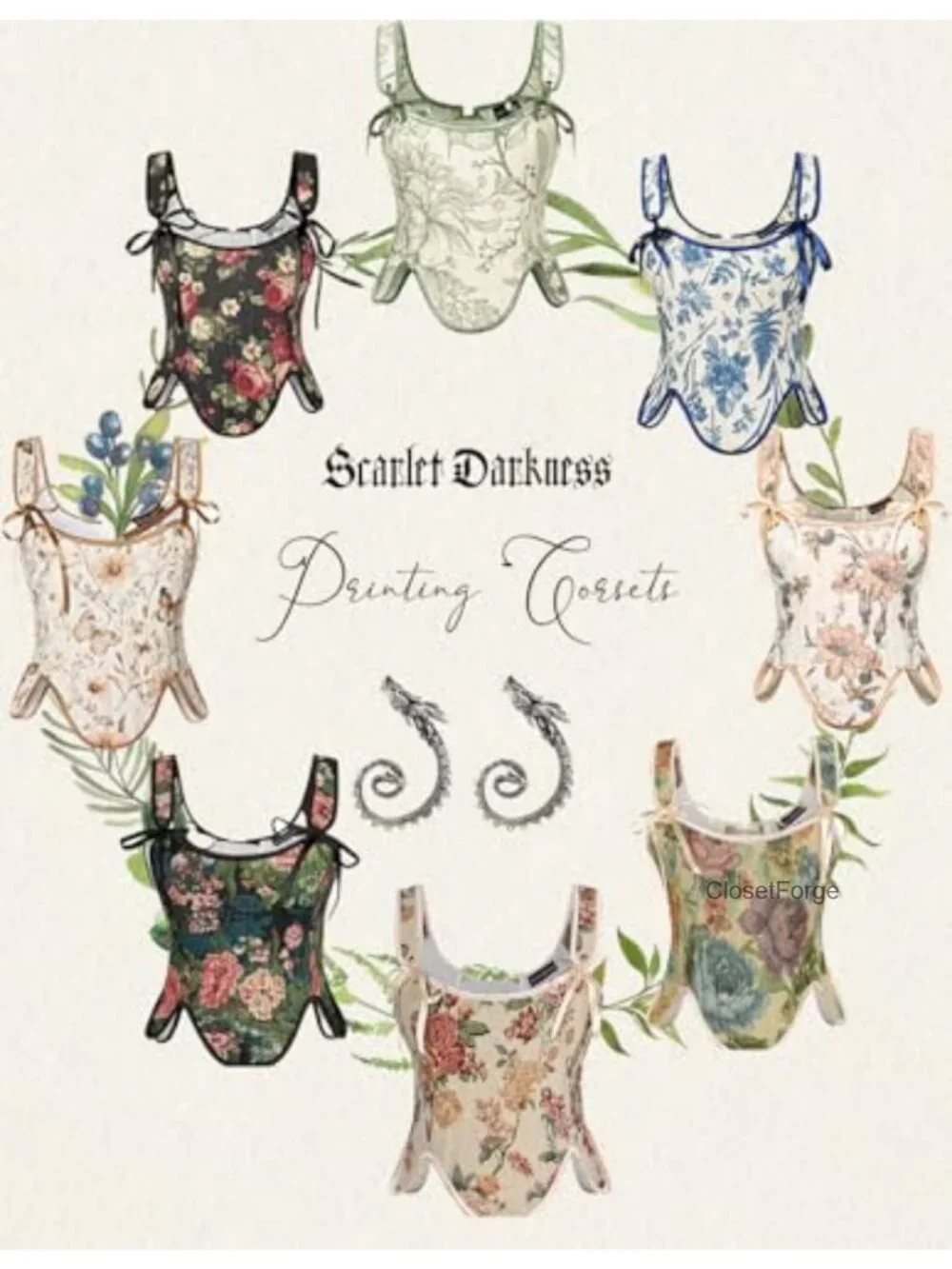 Renaissance Corset Top Bustier for Women Floral Lace Up 21pcs Plastic Bones Zip